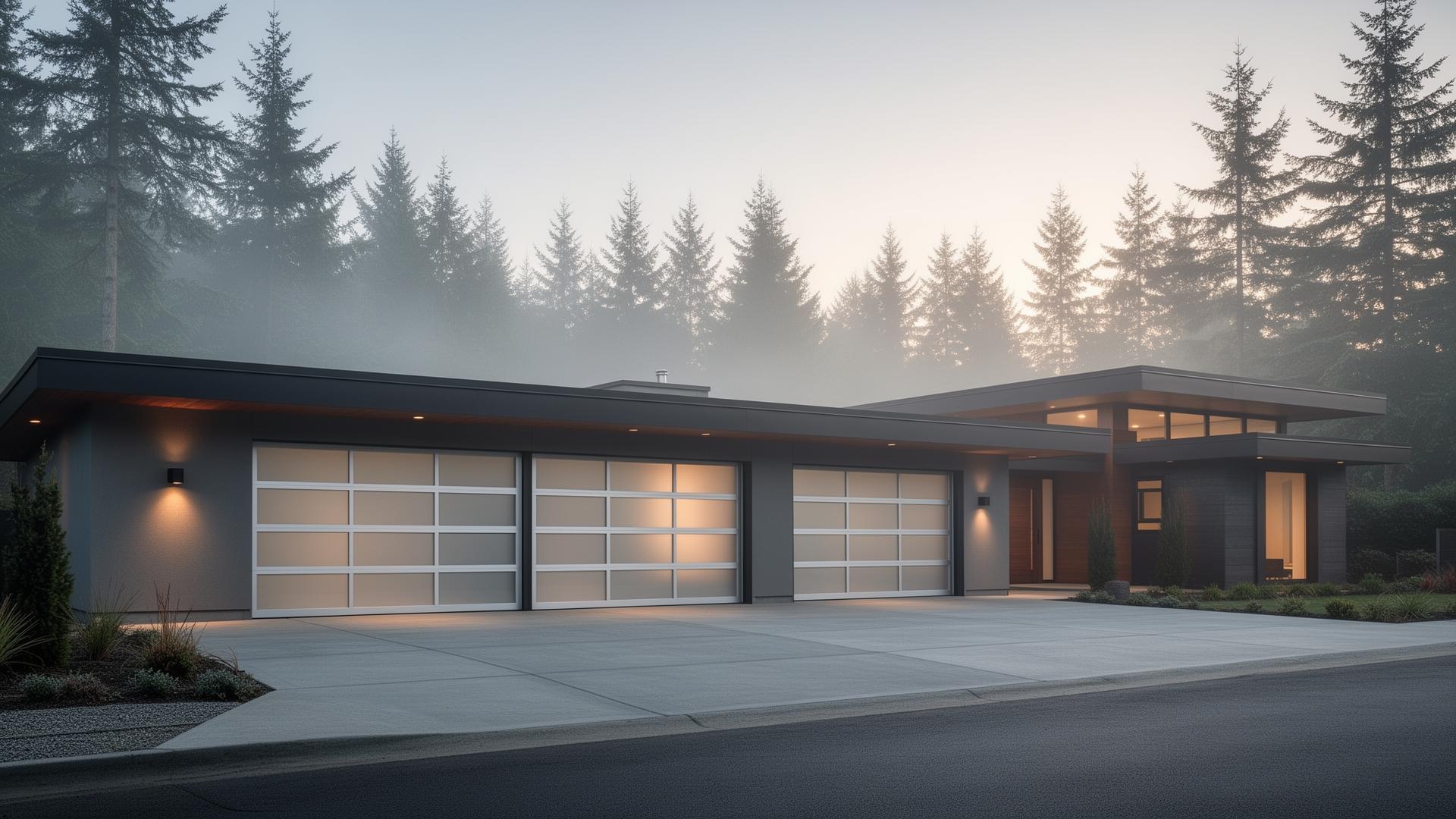 Modern sleek steel garage doors with frosted glass panels on mid-century modern home in West Linn Oregon